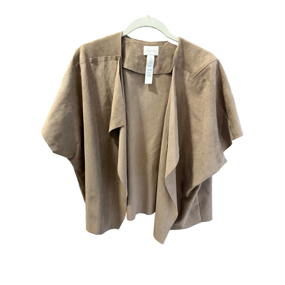 Chicos Faux Suede Jacket Open Front Women's Size 3 (XL) Brown Short Sleeve